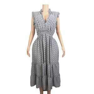 Boho Maxi Dress Black White Geometric Smocked Waist Cottagecore Prairie Style XL